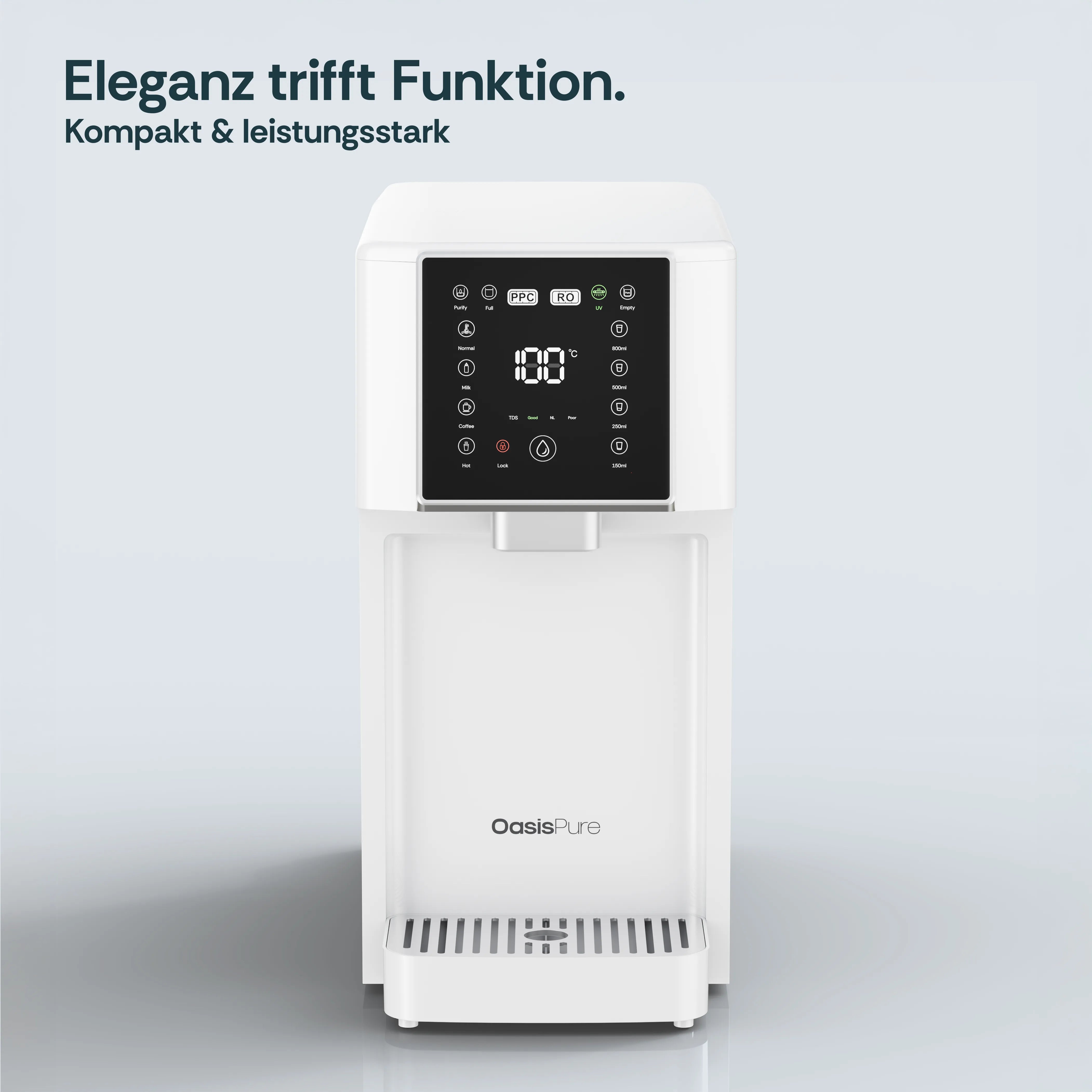 Vorderansicht der FreshGo Flex Osmoseanlage in Weiß – elegantes, benutzerfreundliches Design mit zentralem Auslass und Bedienfeld.