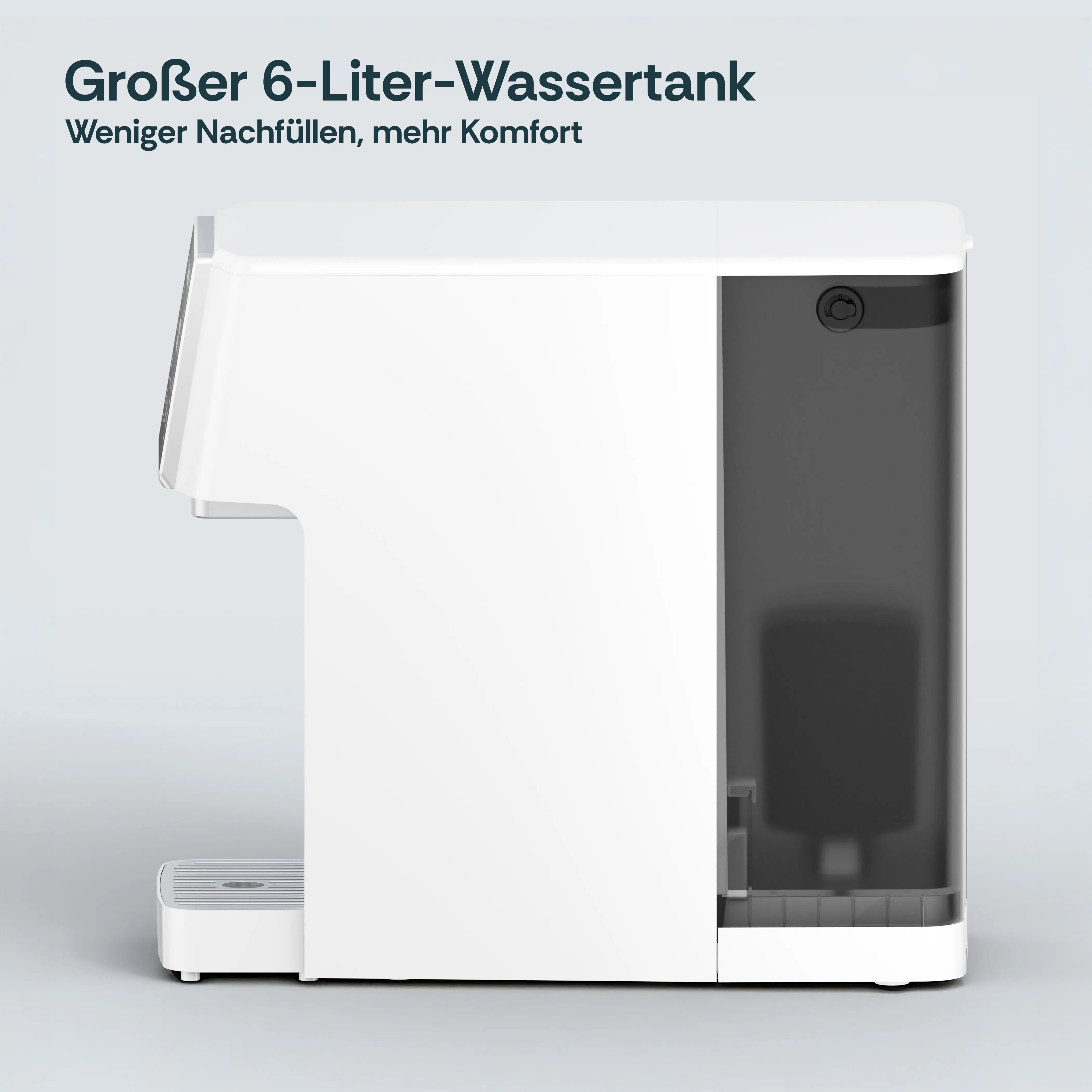 Seitliche Ansicht der FreshGo Flex Osmoseanlage mit externem 6-Liter-Wassertank – ideal für flexiblen Betrieb ohne Festanschluss.