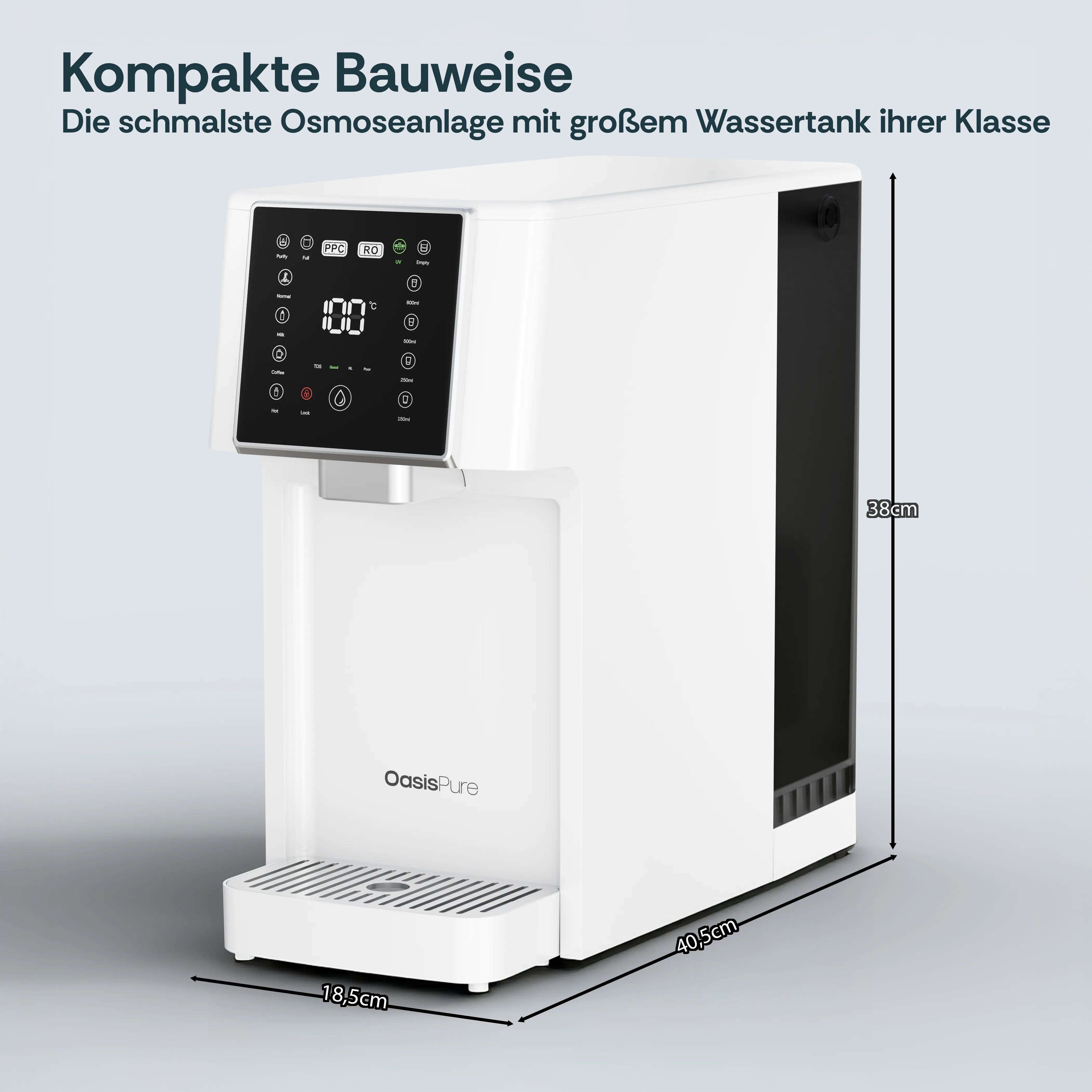 Seitenansicht der FreshGo Flex Osmoseanlage mit Maßangaben – die schmalste Osmoseanlage ihrer Klasse mit großem Tank.