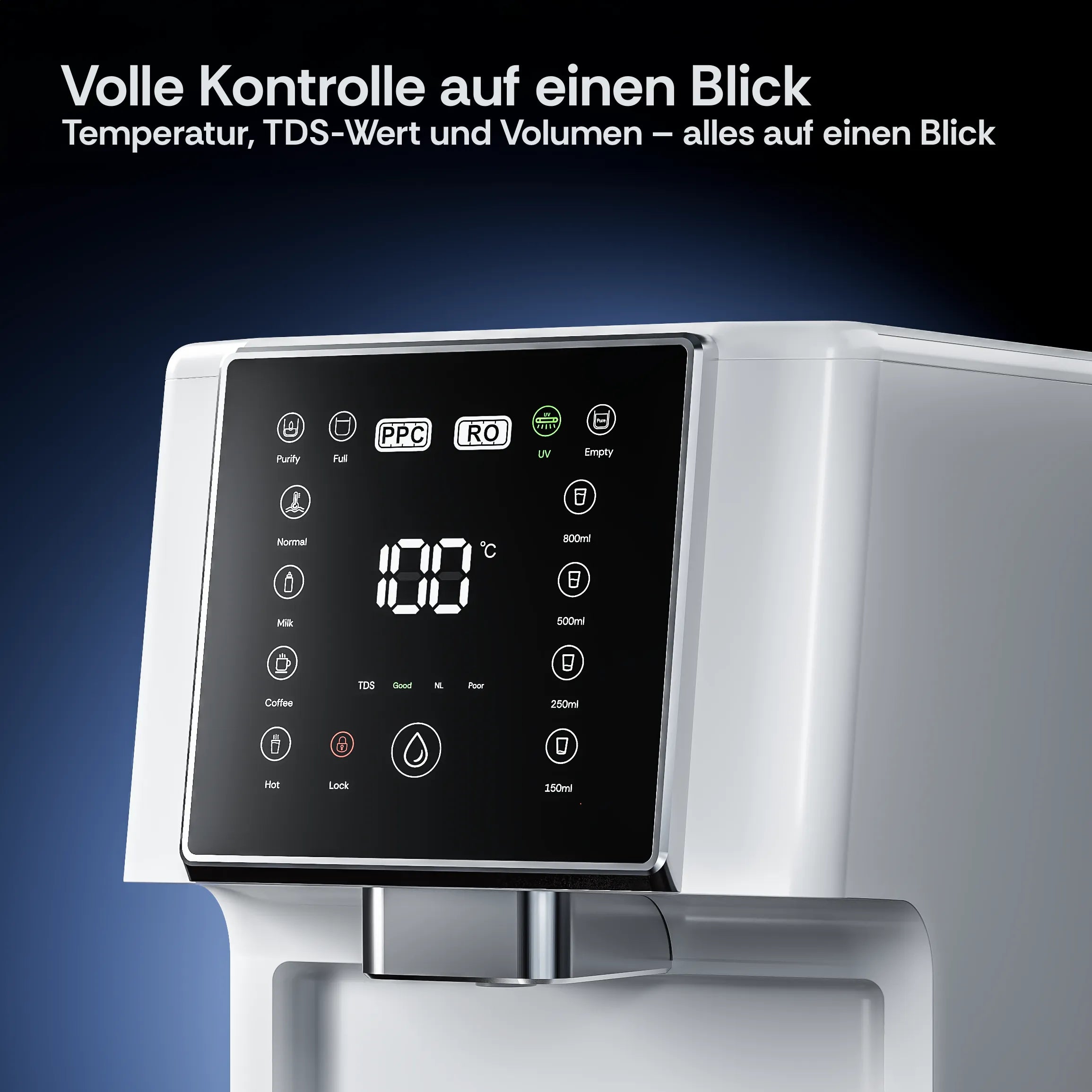 Detailansicht des Bedienfelds der FreshGo Flex Osmoseanlage mit Temperaturanzeige, TDS-Wert, Filterstand und Volumenwahl.