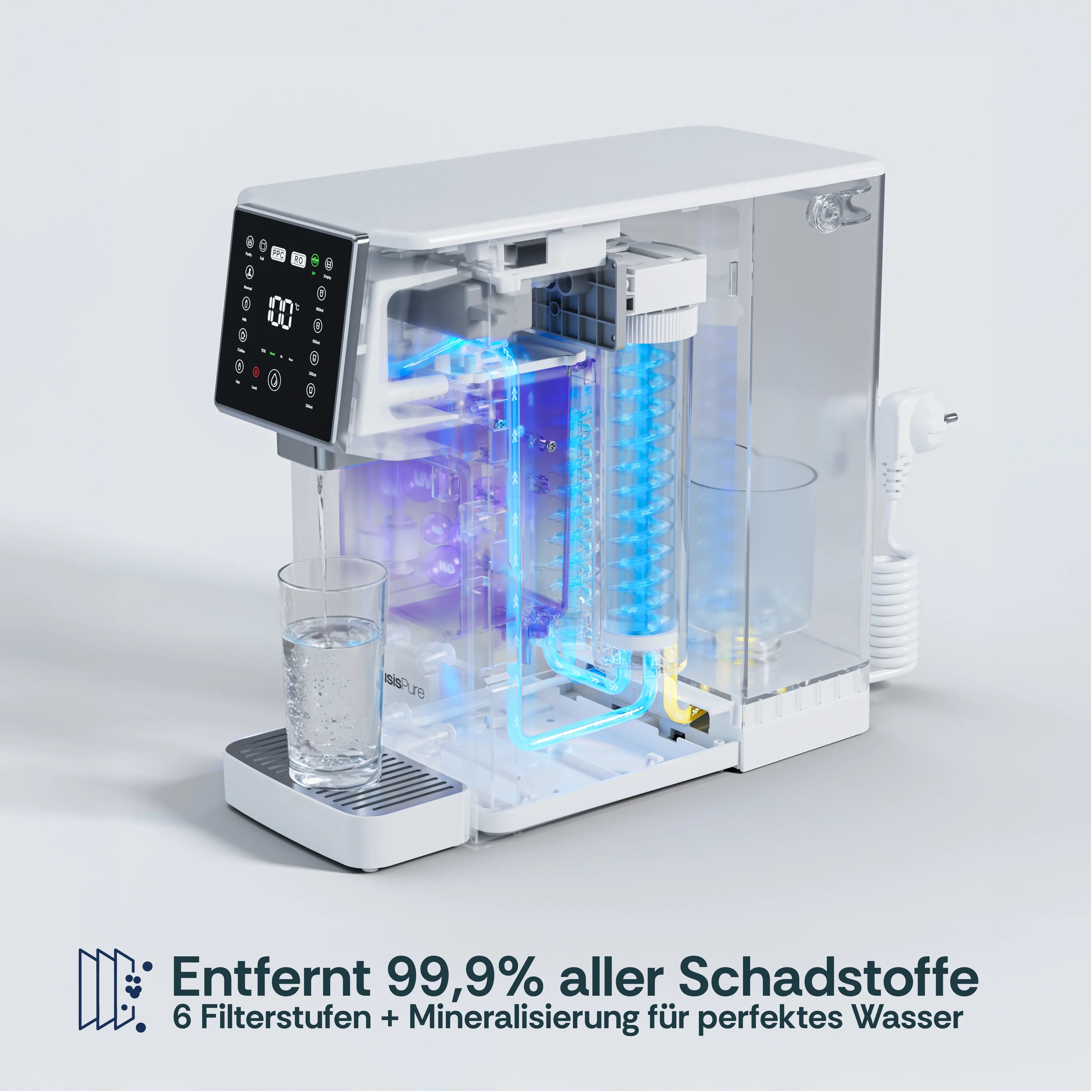 Visualisierte Filterstufen der FreshGo Flex Osmoseanlage im transparenten Gehäuse: 6-stufige Reinigung plus UV und Mineralisierung.