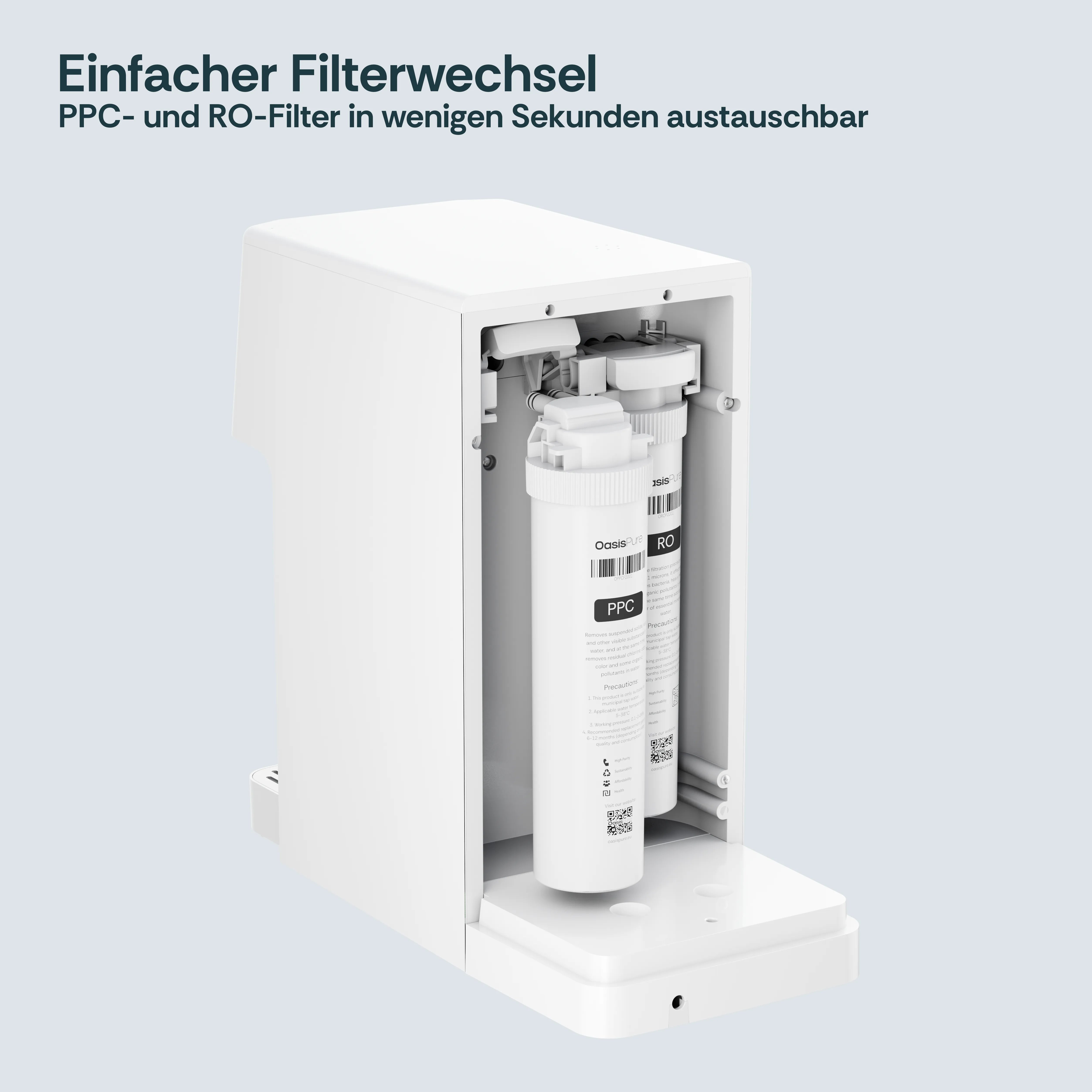 Rückansicht der FreshGo Flex Osmoseanlage beim Filterwechsel: PPC-Filter wird entnommen, RO-Filter eingesetzt – werkzeuglos und schnell.