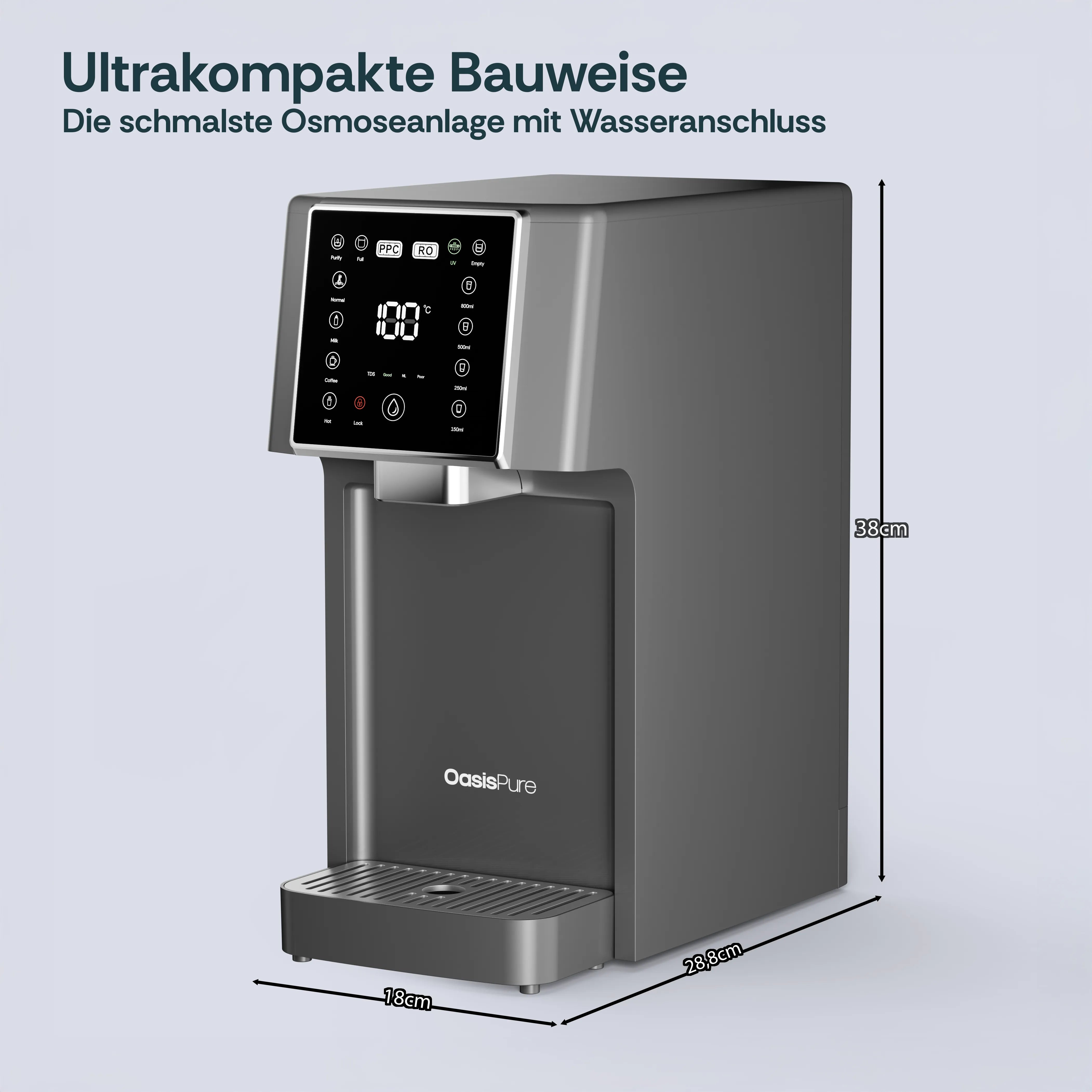 FreshGo Slim Osmoseanlage im 45-Grad-Winkel mit Maßband, demonstriert die besonders schmale Bauweise von nur 18 cm Breite.