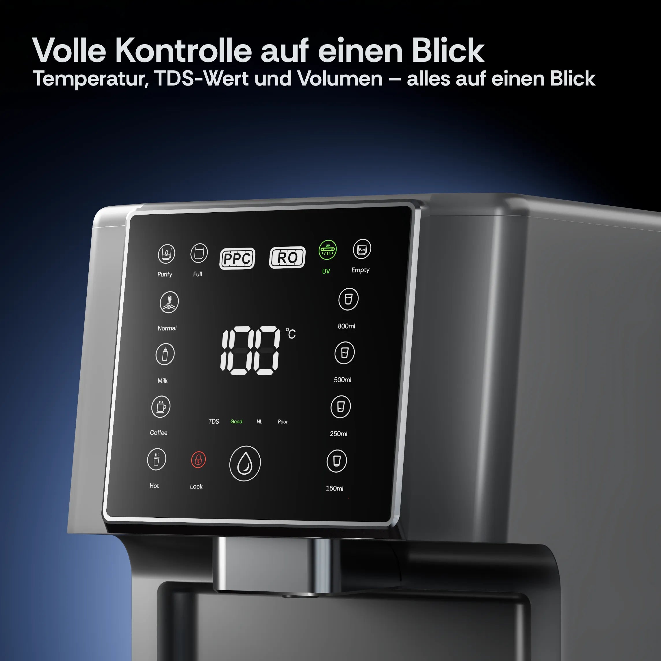Nahaufnahme des Bedienfelds der FreshGo Slim Osmoseanlage mit Temperaturanzeige, TDS-Wert, Filterstatus, Volumentasten und Wasserentnahme-Knopf.