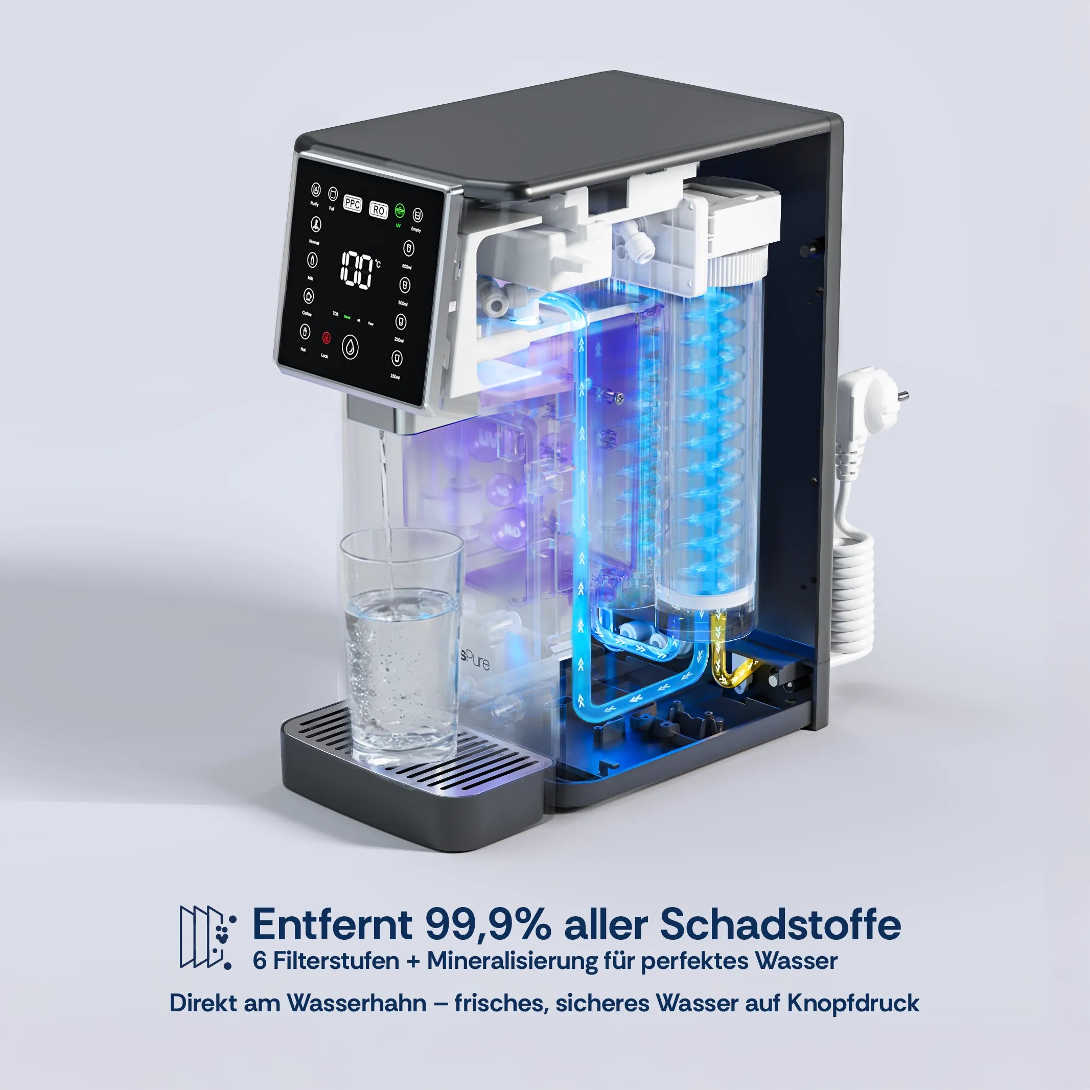Seitenansicht der FreshGo Slim Osmoseanlage mit transparentem Gehäuse, zeigt die 6-stufige Filterung inklusive PPC-, RO-Filter, UV-Lampe und Mineralisierung.