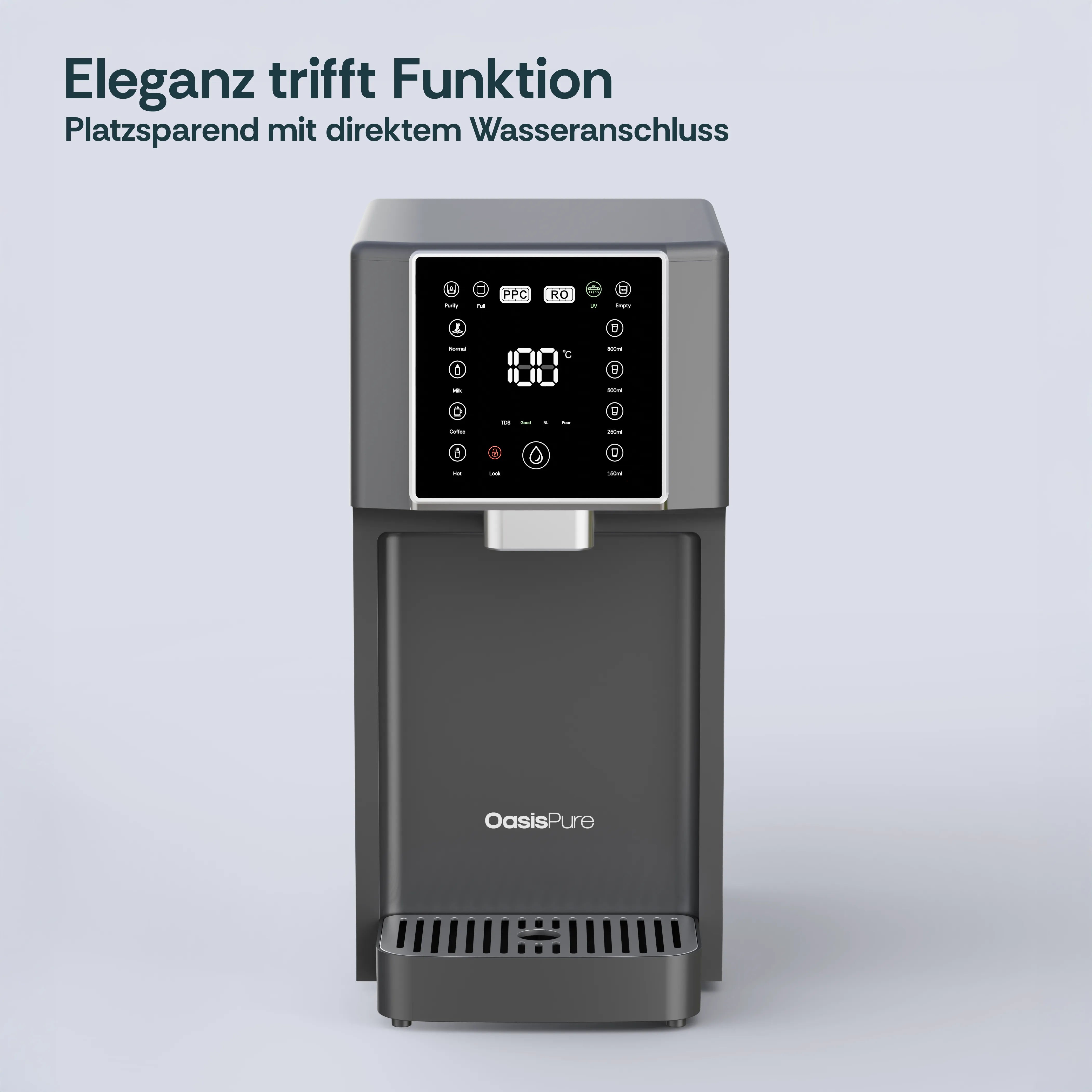 Frontalansicht der kompakten FreshGo Slim Osmoseanlage in Weiß mit direktem Wasseranschluss.