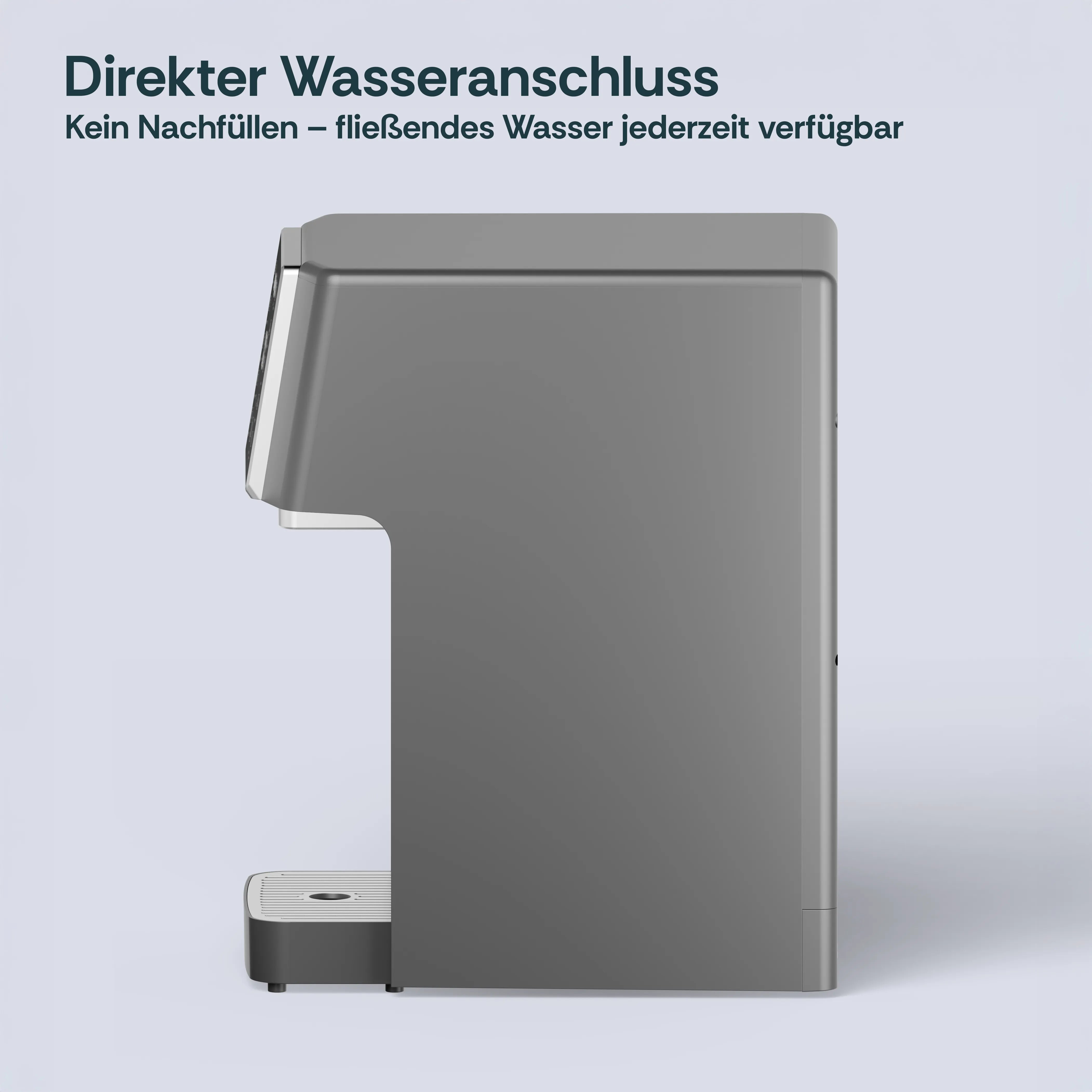 Seitliches Profil der FreshGo Slim Osmoseanlage, betont das platzsparende, tanklose Design mit festem Wasseranschluss.
